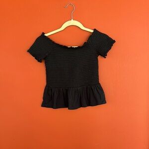 Black Smocked Peplum Blouse